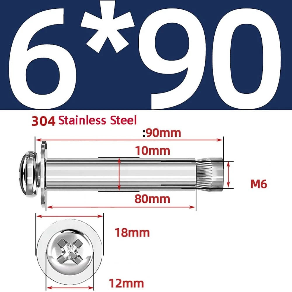 M6 M8 M10 Stainless Steel Expansion Screws — Round Head Phillips Drive, 40–100mm