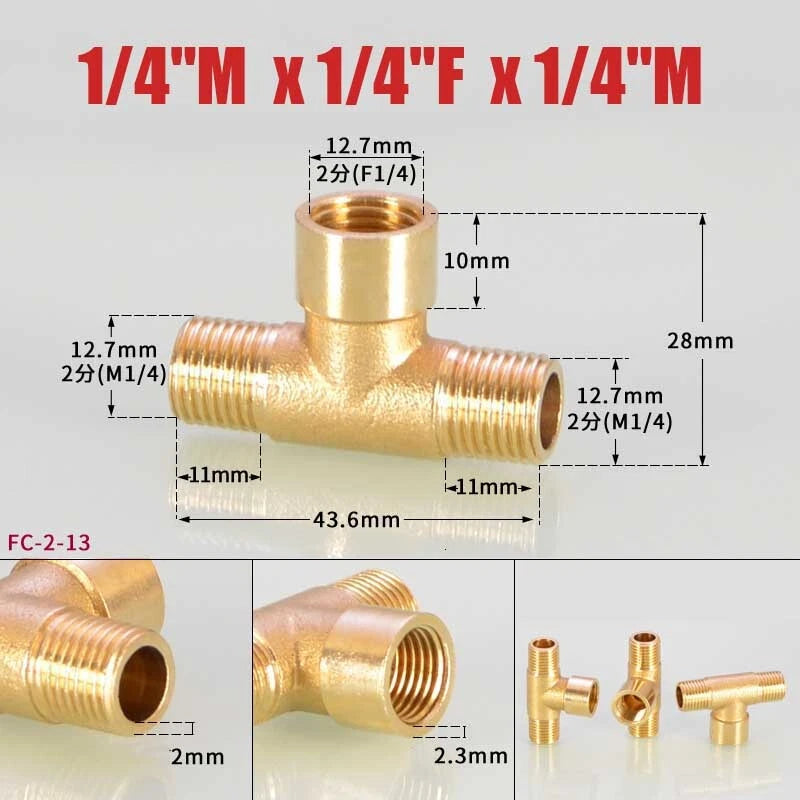 Brass BSP Tee Fitting 1/8" 1/4" 3/8" — Male Female Thread Pipe Connector