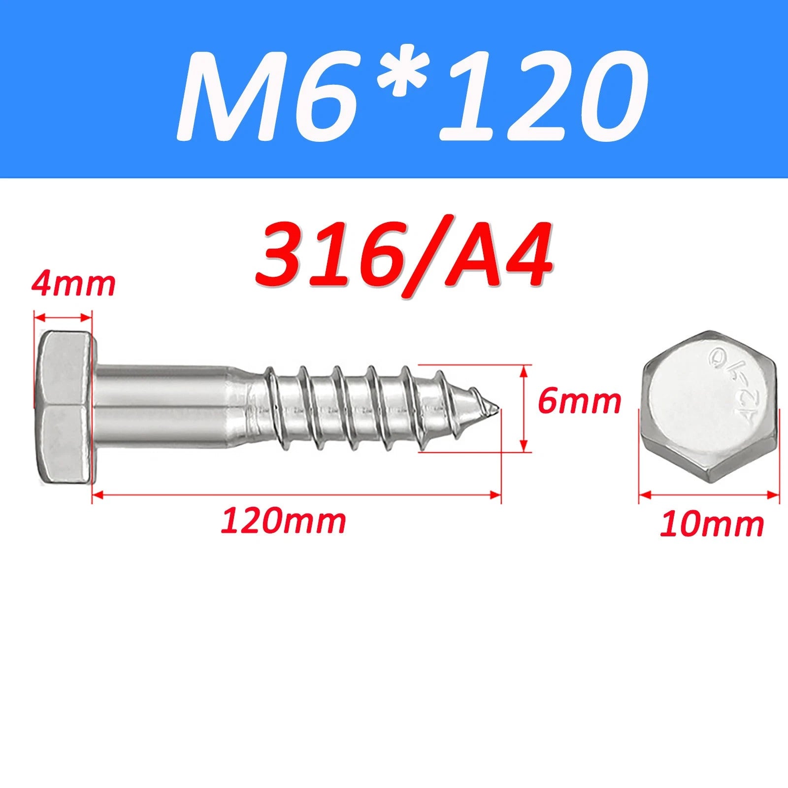 316 Stainless Steel Hex Head Lag Screws Marine Grade Wood Lag Bolts A4 Rustproof