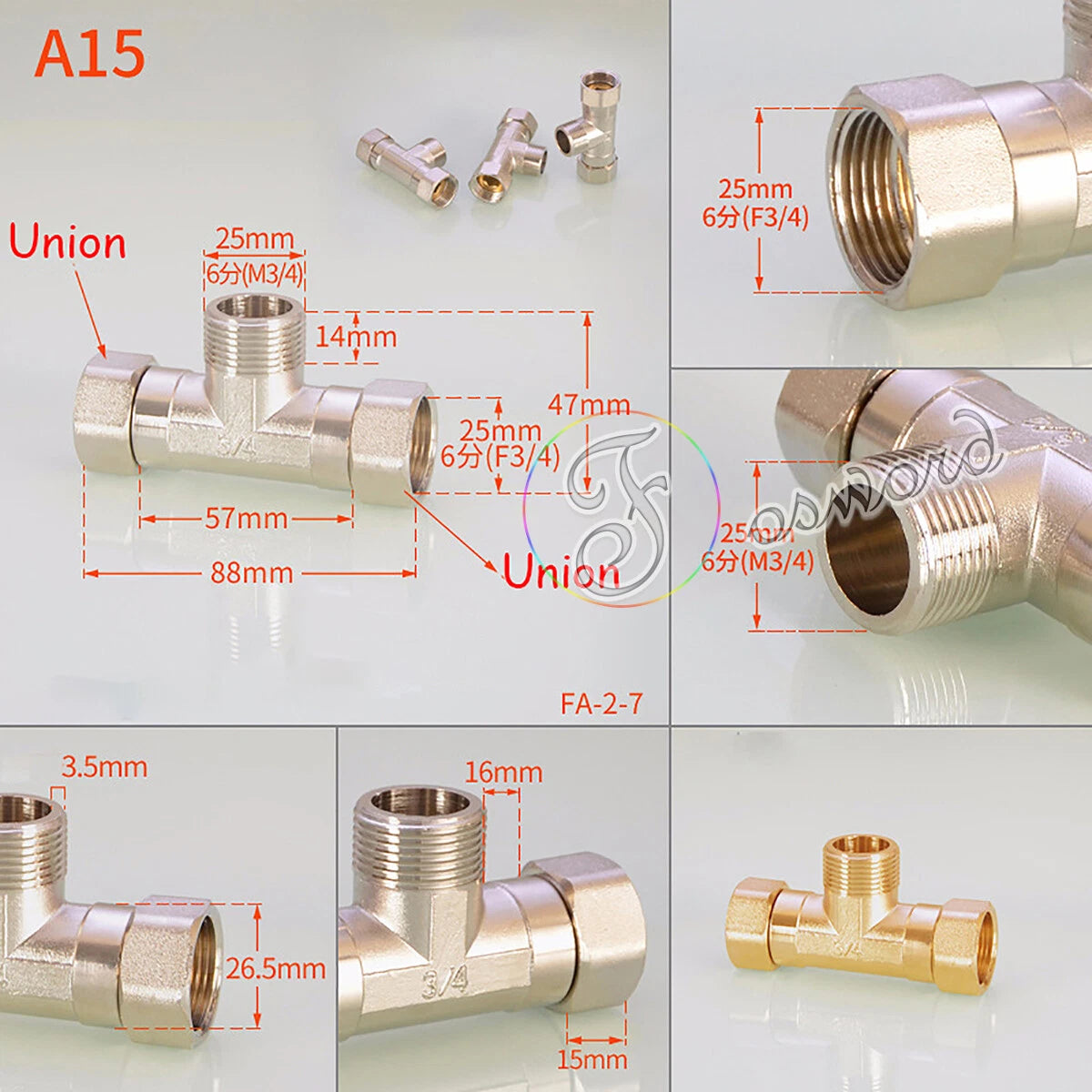3/4" - 1/2" BSP Brass Pipe Fittings – Elbow 90°, Tee & Union Coupler, Male & Female Thread