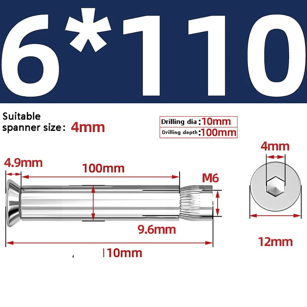M6–M12 Countersunk Hex Socket Expansion Bolts — 304 & 201 Stainless Steel, A-Type & B-Type