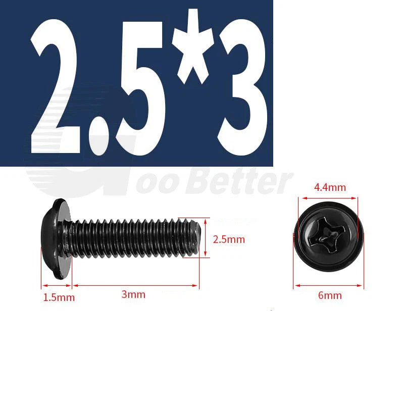 Black Zinc Flange Phillips Pan Head Machine Screws M1.4 M2 M2.5 M3 M4 M5 M6 — Washer-Free Metric Bolts