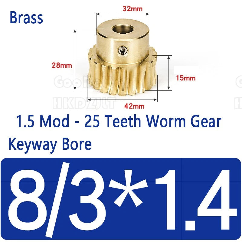 Mod 1.5 Worm Gear Wheel Brass 25 Tooth Worm Shaft 45# Steel Precision Ø 8-17 mm