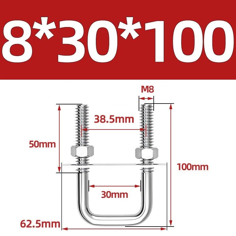 M8 Square U - Bolts Stainless Steel A2 with Plates and Nuts — Multiple Sizes - HomeDIYer
