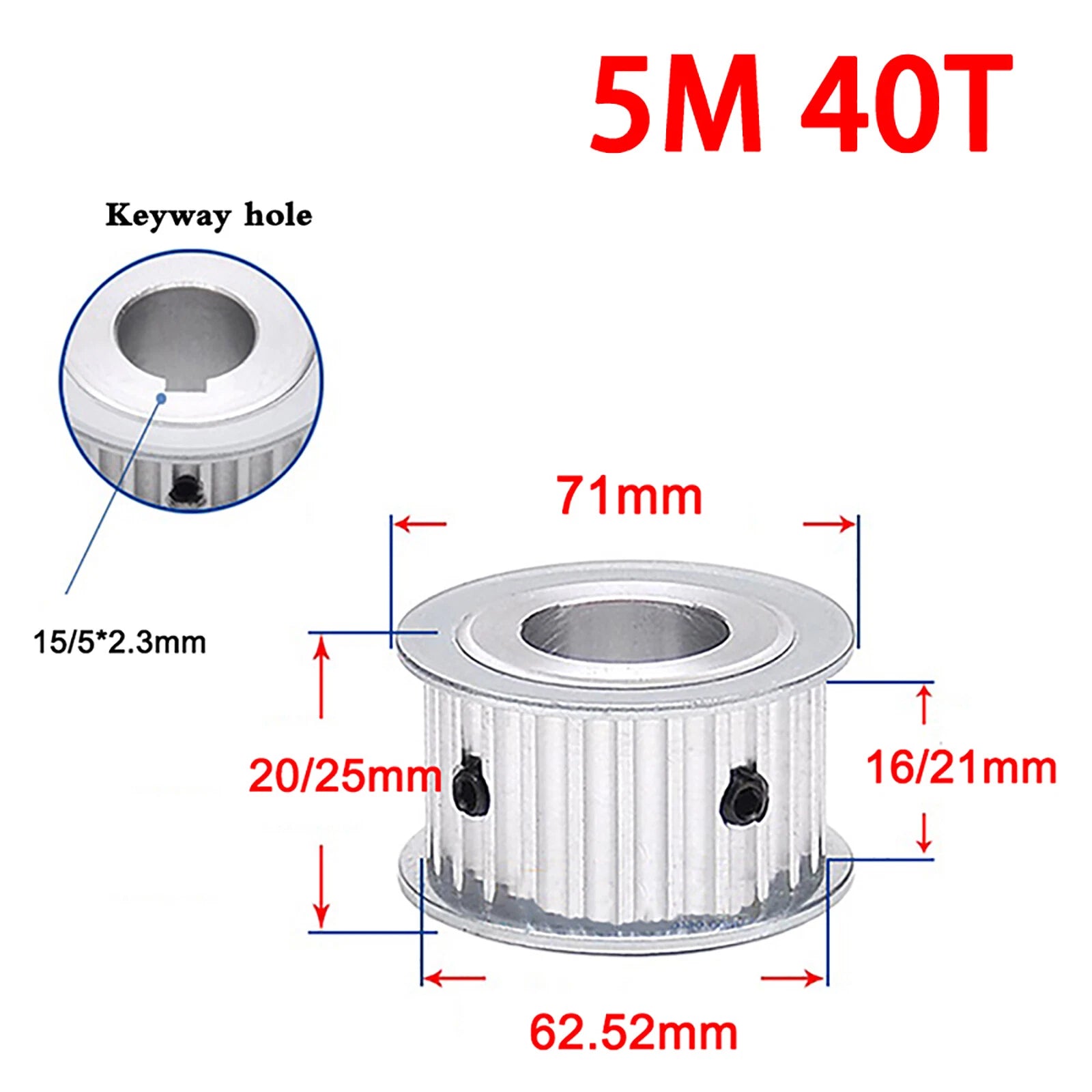 5M Timing Belt Pulley Drive Pulley Through Hole 10T -100 Tooth 21mm Width For 3D