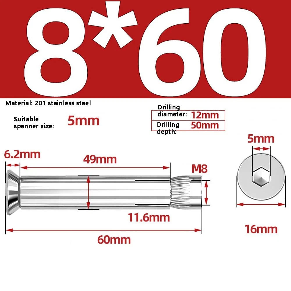 M6–M12 Countersunk Expansion Bolts | 201 Stainless Steel Hex Socket Sleeve Anchors