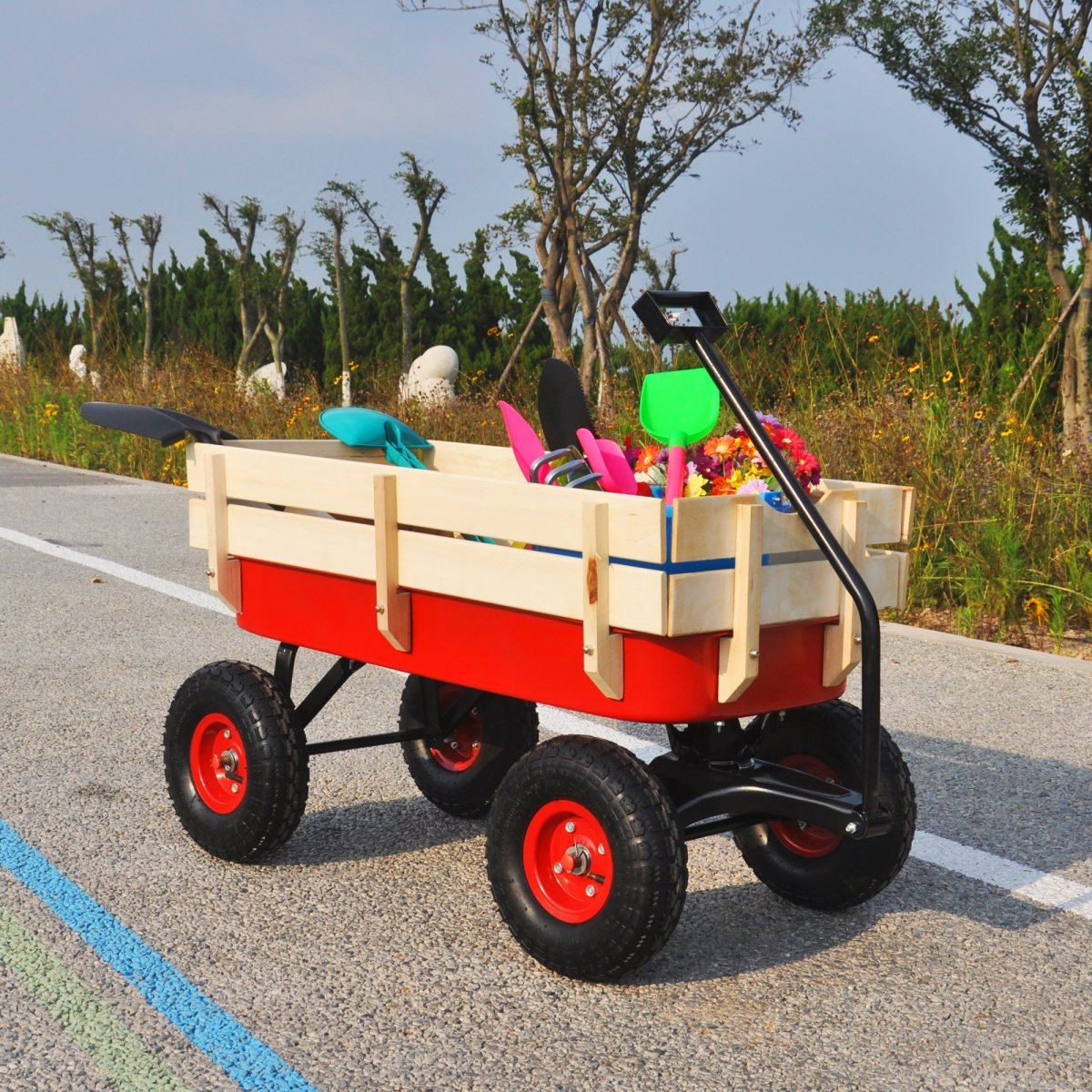 outdoor sport wagon tools cart wooden side panels air tires Wagon (red) - HomeDIYer