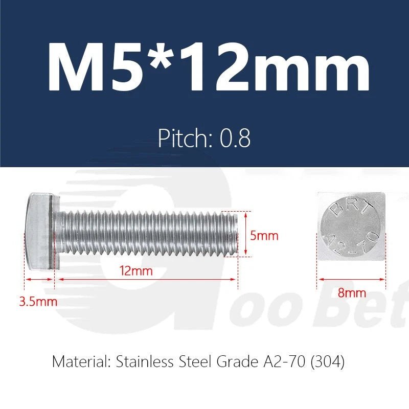 M5 T - Bolt Square Head Screws — Stainless Steel 304 (A2) for T - Slot Aluminum Extrusion Profiles - HomeDIYer