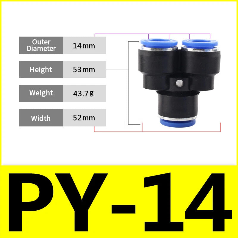Pneumatic Y Splitter 3-Way Air Hose Fitting — Push-to-Connect, 4mm to 16mm