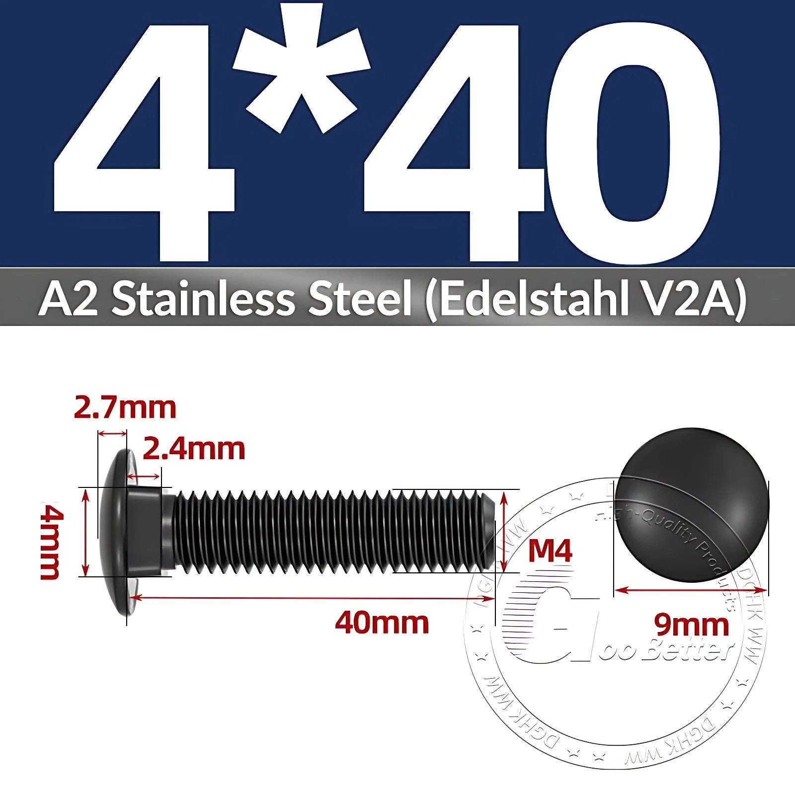Black Stainless Steel Carriage Bolts M3–M12 | A2 Cup Square Dome Screws