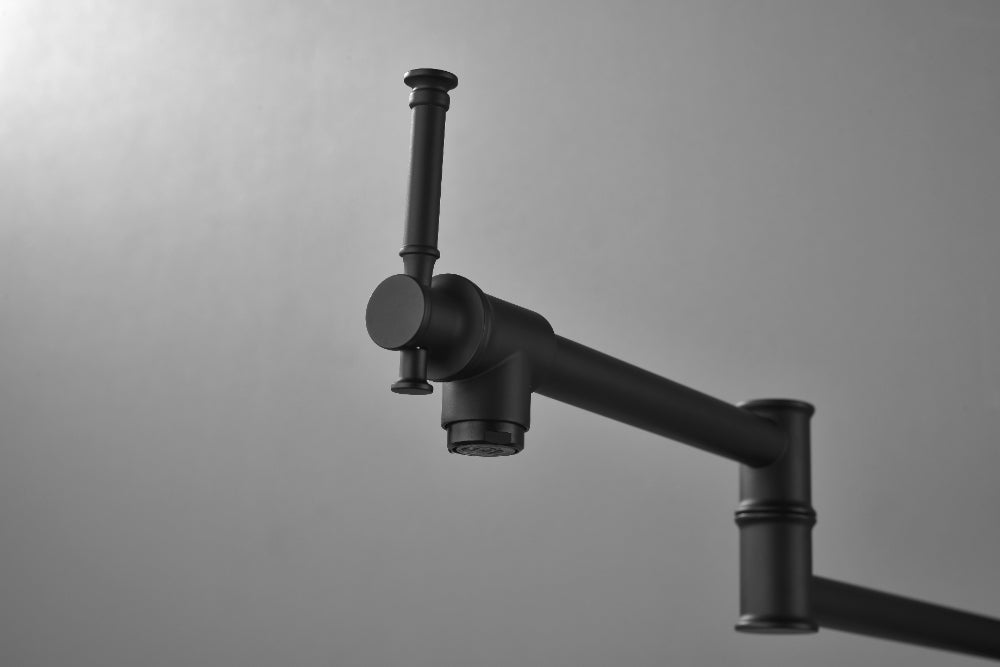 Wall Mounted Pot Filler Faucet – Matte Black, Two-Attachment Folding Swing Arm, Dual Handle, Solid Brass