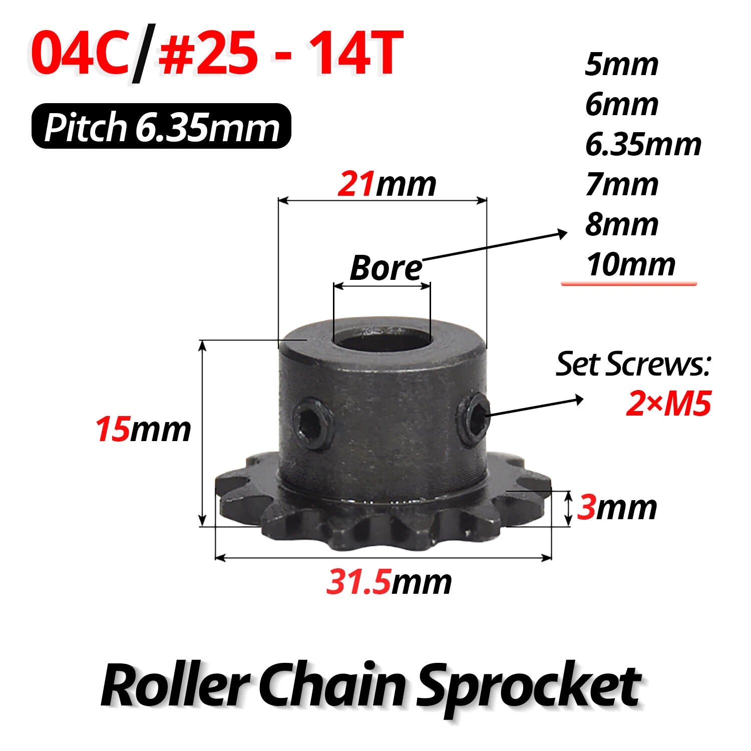 #25 Roller Chain Sprocket 04C 9T-40T Tooth Bore 5mm-20mm Pitch 6.35mm (1/4 inch)