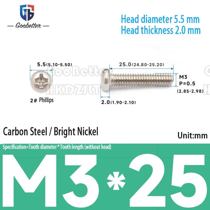 M3 Phillips Round Pan Head Machine Screws — Carbon Steel, 4–30mm, 100–500 PCS - HomeDIYer