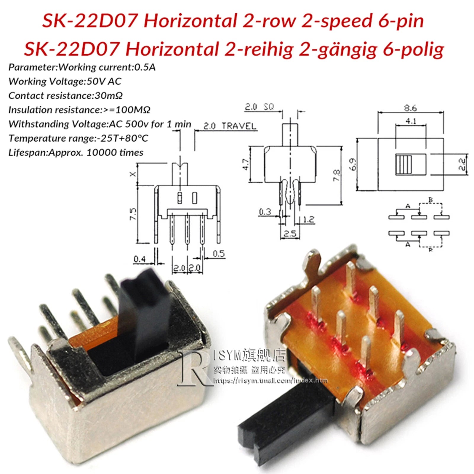 Mini Slide Switch PCB Mount — SS / SK / MSS / MSK Series, 3–8 Pin, 2mm–6mm Handle, Single & Double Row