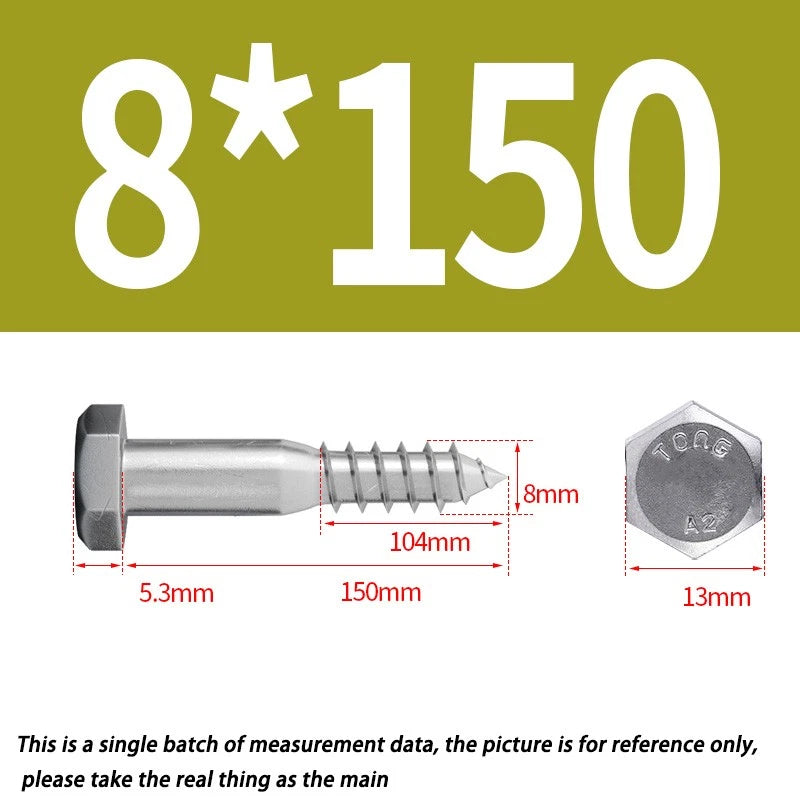 8mm M8 A2 STAINLESS STEEL SCREWS HEX HEAD LAG BOLTS WOOD SCREW BOLT DIN571