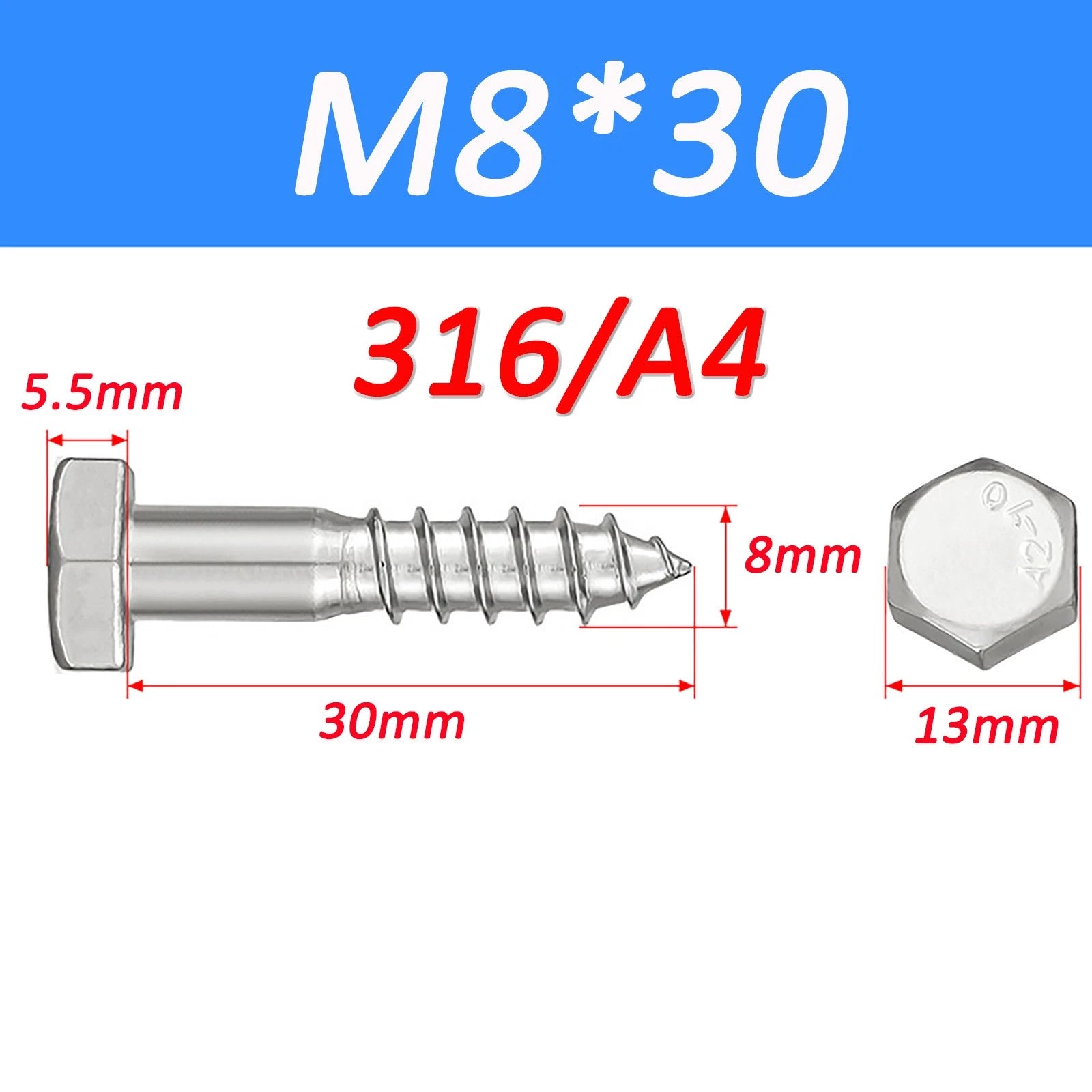 316 Stainless Steel Hex Head Lag Screws Marine Grade Wood Lag Bolts A4 Rustproof