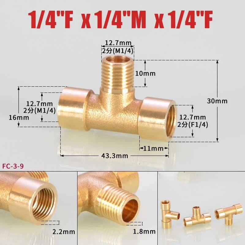 Brass BSP Tee Fitting 1/8" 1/4" 3/8" — Male Female Thread Pipe Connector