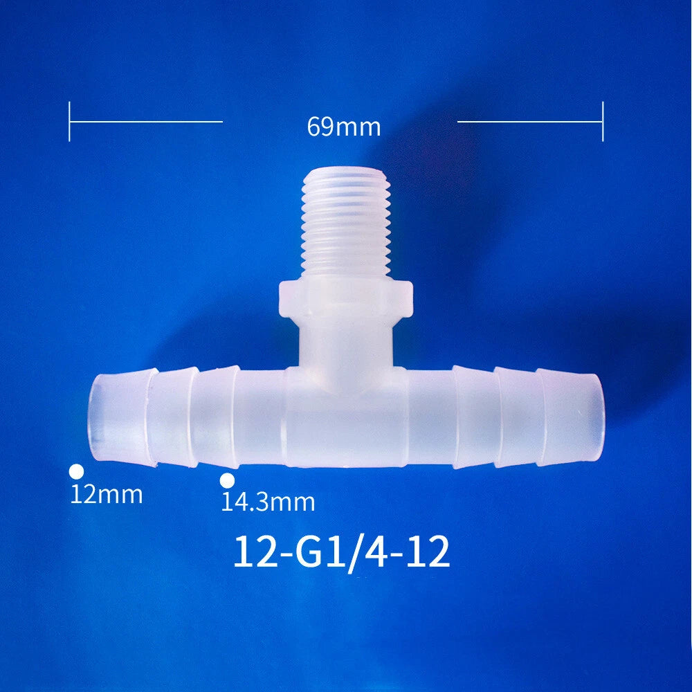 Plastic Barbed T-Piece Hose Connector with Male Thread — 4mm to 20mm Tube
