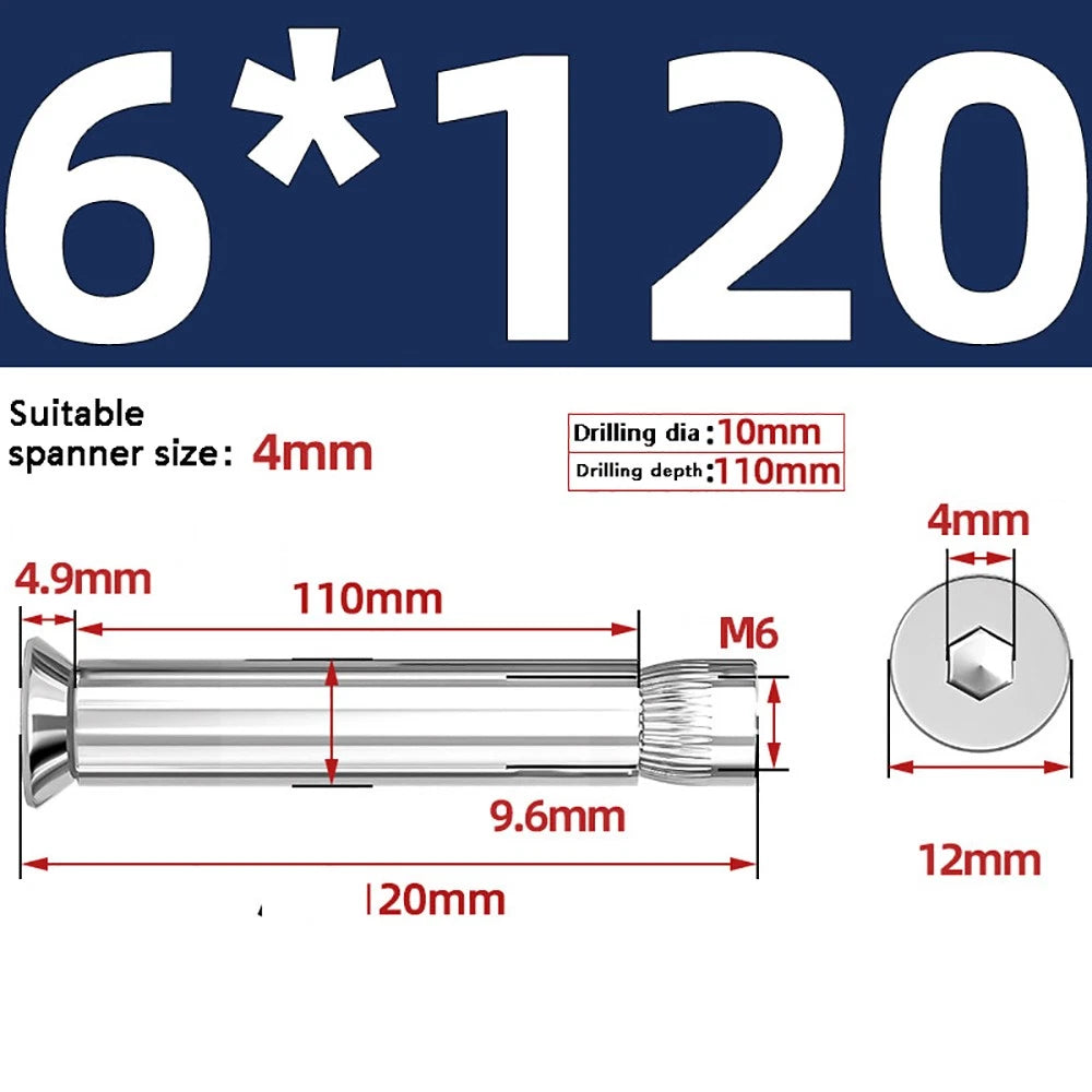 M6–M12 Countersunk Hex Socket Expansion Bolts — 304 & 201 Stainless Steel, A-Type & B-Type