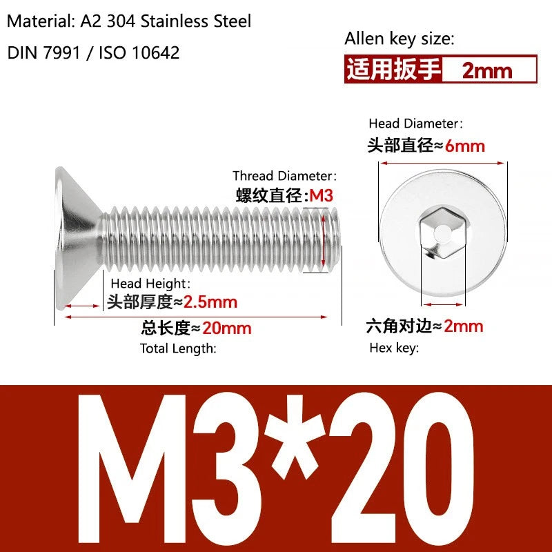 A2 Stainless Steel Socket Countersunk Screws – ISO 10642, M3 M4 M5