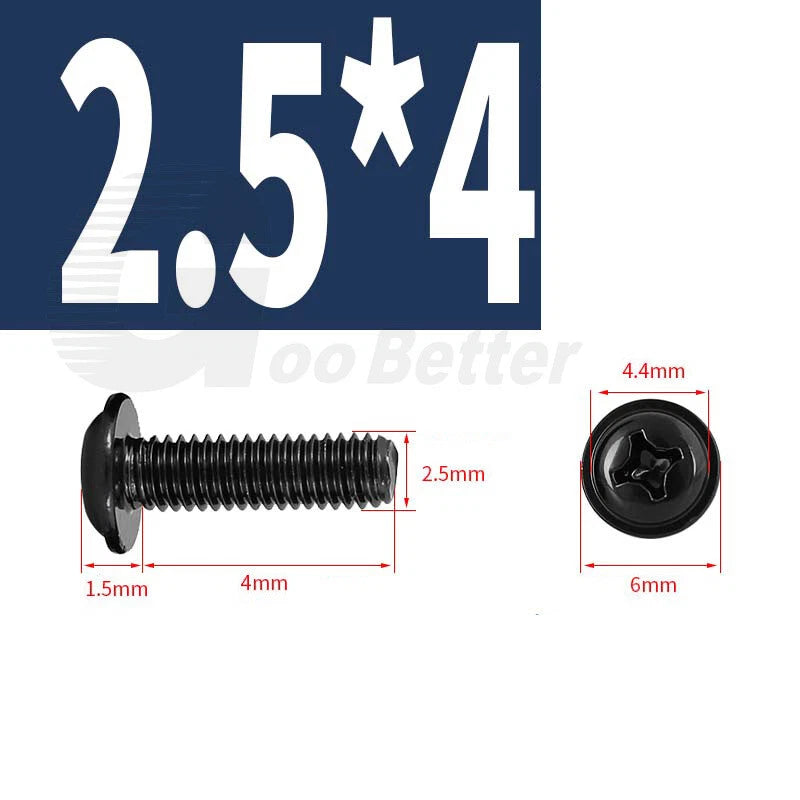 Black Zinc Flange Phillips Pan Head Machine Screws M1.4 M2 M2.5 M3 M4 M5 M6 — Washer-Free Metric Bolts