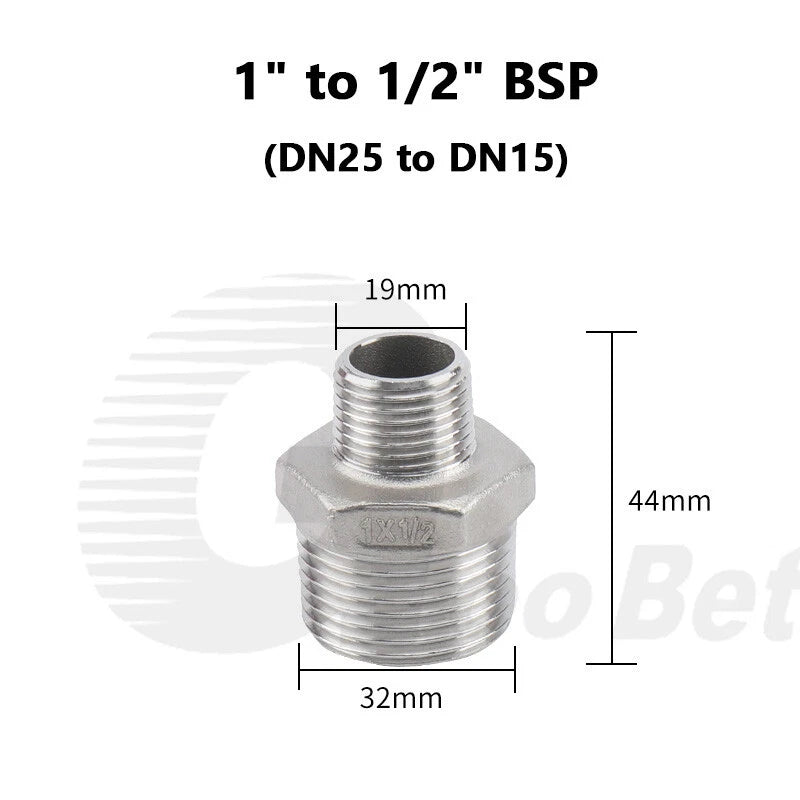 304 Stainless Steel Reducing Hex Nipple BSP Male Thread Pipe Fitting | 1/8" to 2"