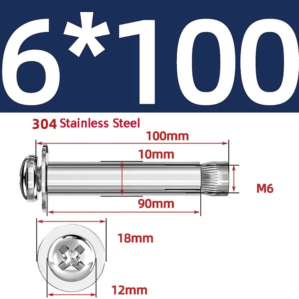 M6 M8 M10 Stainless Steel Expansion Screws — Round Head Phillips Drive, 40–100mm