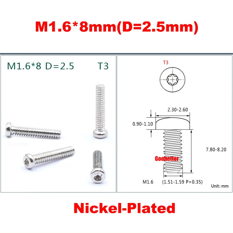 PM1.2–M5 Torx Pan Head Machine Screws – Carbon / 304 Stainless Steel, Micro Plum Round Head Bolts