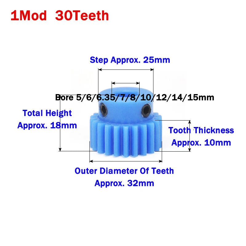 1 Mod Blue Nylon Spur Gear 16-50T Bore 4-20mm Pinion Gear Motor Gear With Step