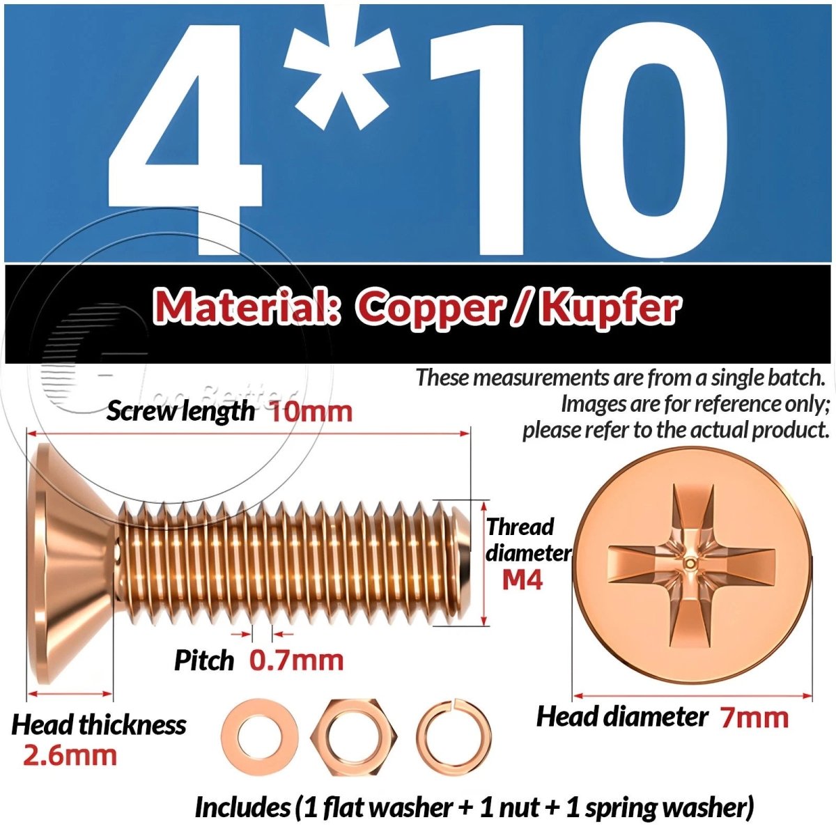 T2 Copper Pozi Countersunk Machine Screws with Flat Washer & Nut | M3–M10 - HomeDIYer