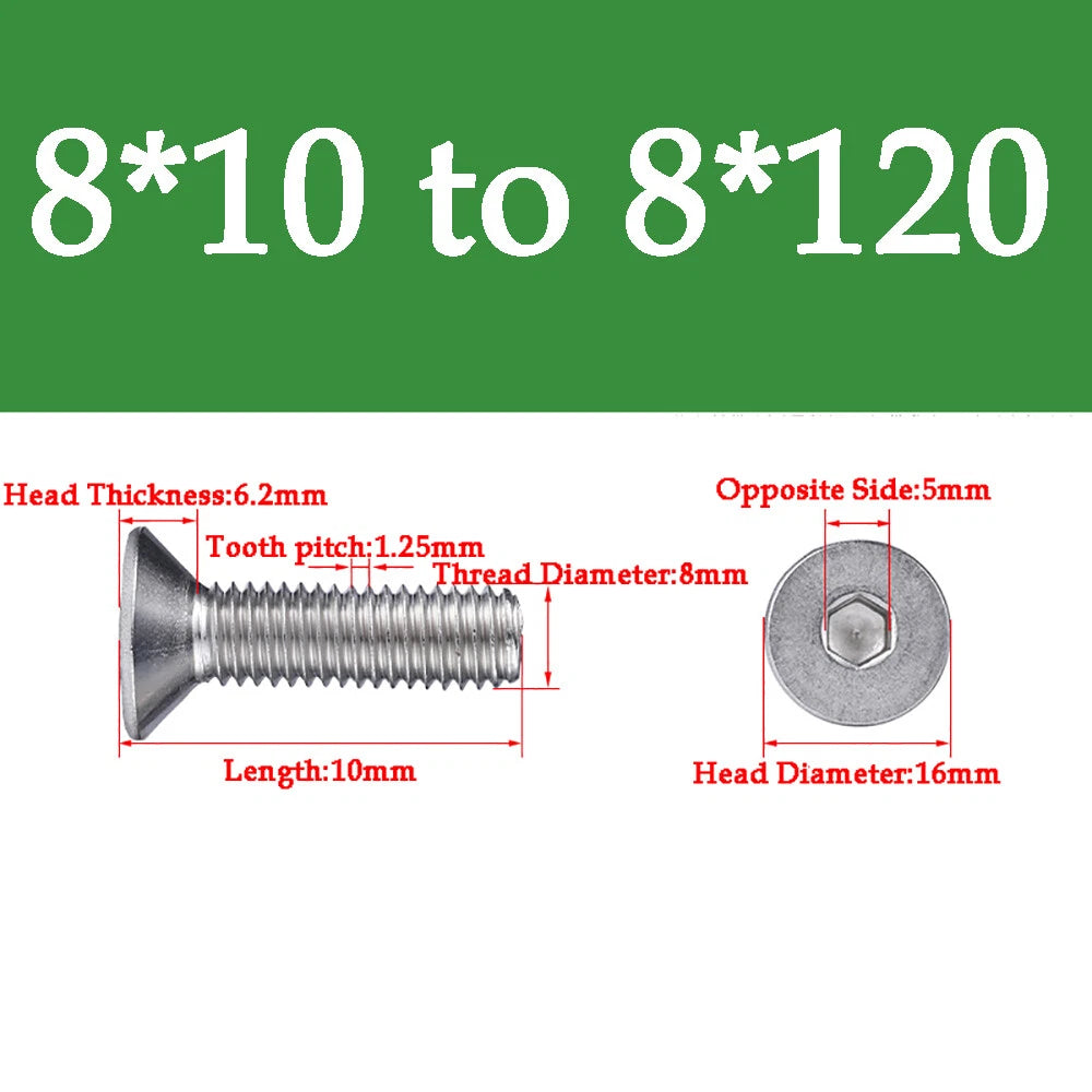 M1.6-M16 A2 Stainless Steel Hex Socket Countersunk Flat Head Screws | 10 PCS