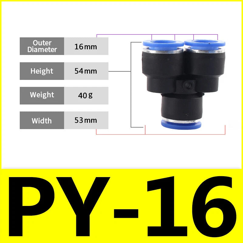 Pneumatic Y Splitter 3-Way Air Hose Fitting — Push-to-Connect, 4mm to 16mm
