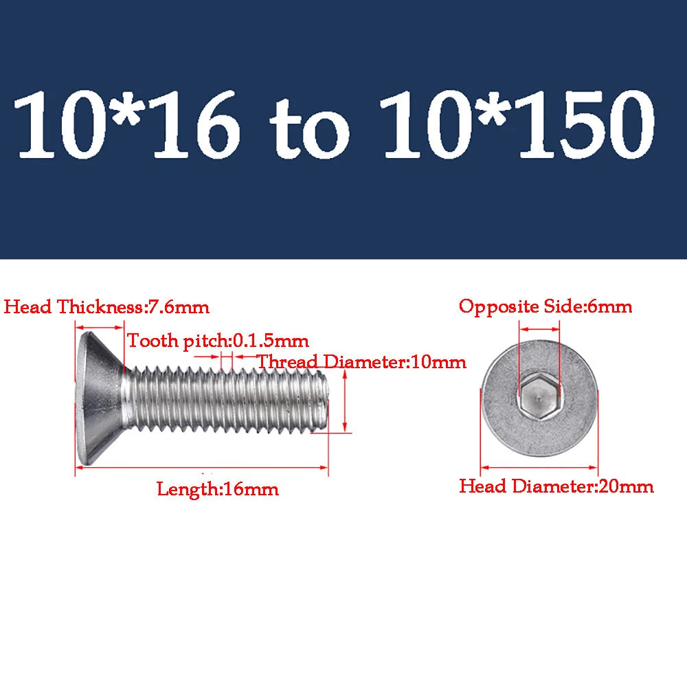 M1.6-M16 A2 Stainless Steel Hex Socket Countersunk Flat Head Screws | 10 PCS