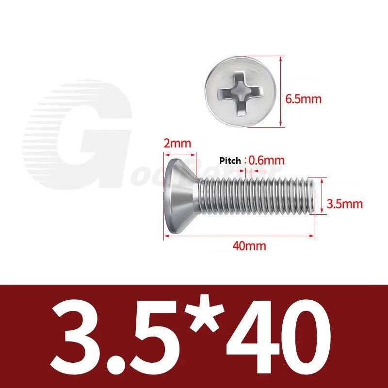M1–M3.5 Phillips Countersunk Machine Screws – 304 Stainless Steel, Fully Threaded (3–120mm Overall Length) - HomeDIYer