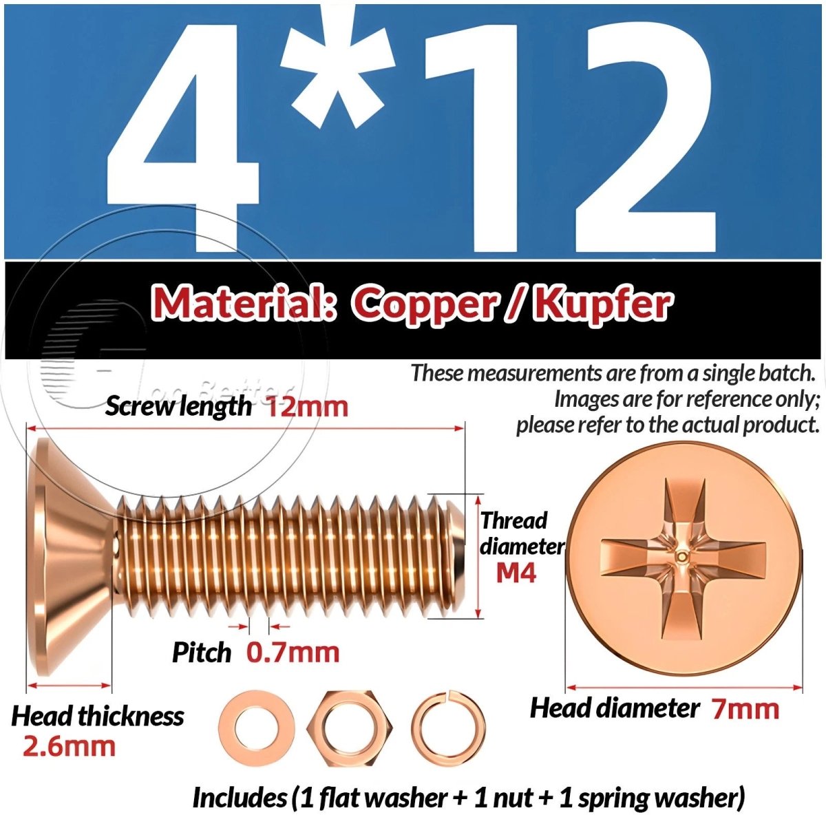 T2 Copper Pozi Countersunk Machine Screws with Flat Washer & Nut | M3–M10 - HomeDIYer