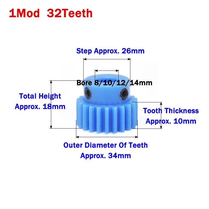 1 Mod Blue Nylon Spur Gear 16-50T Bore 4-20mm Pinion Gear Motor Gear With Step