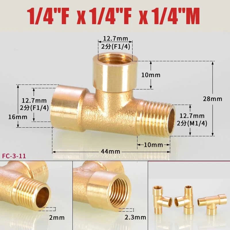 Brass BSP Tee Fitting 1/8" 1/4" 3/8" — Male Female Thread Pipe Connector