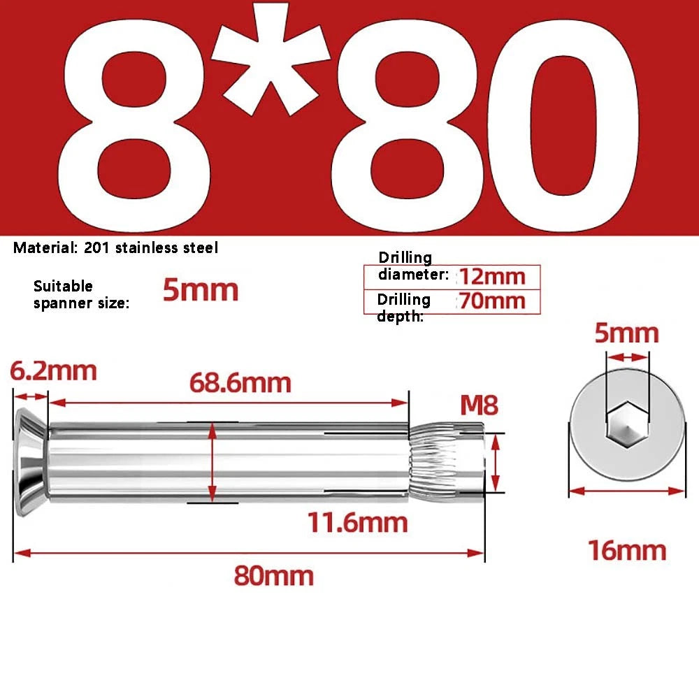 M6–M12 Countersunk Expansion Bolts | 201 Stainless Steel Hex Socket Sleeve Anchors