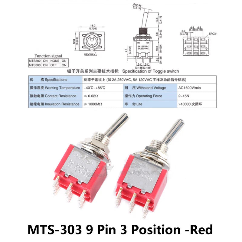 MTS Series Toggle Switch 3–12 Pin | On-On / On-Off-On | Blue & Red