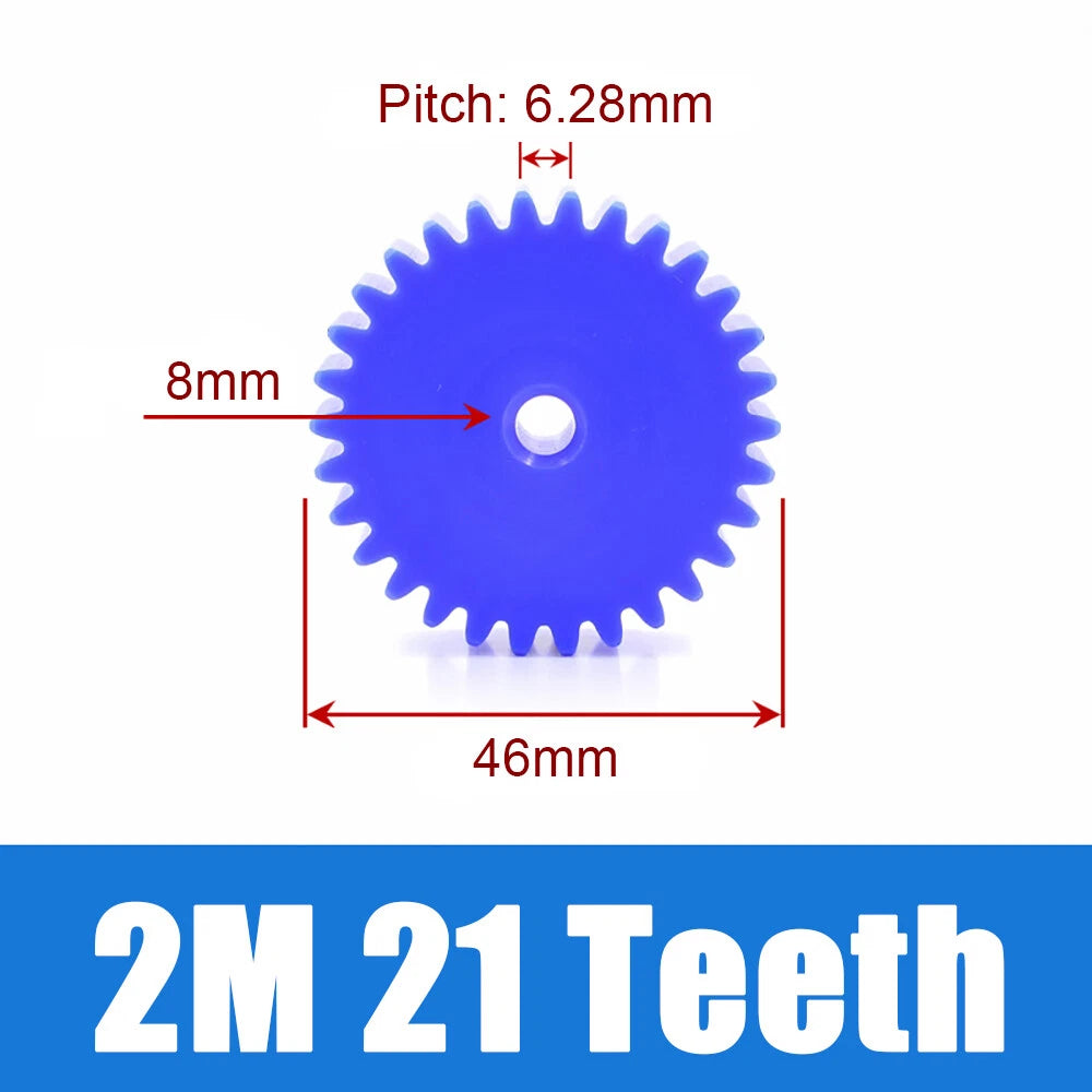 2 Modulus Blue Nylon Spur Gear, Cylinder Flat Gears 12~100 Teeth, 6/8/10mm Bore