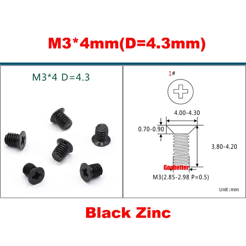 KM3 Phillips Countersunk Machine Screws – M3 x 3–18mm, Carbon or 304 Stainless, Multiple Finishes (Cross Flat Head)
