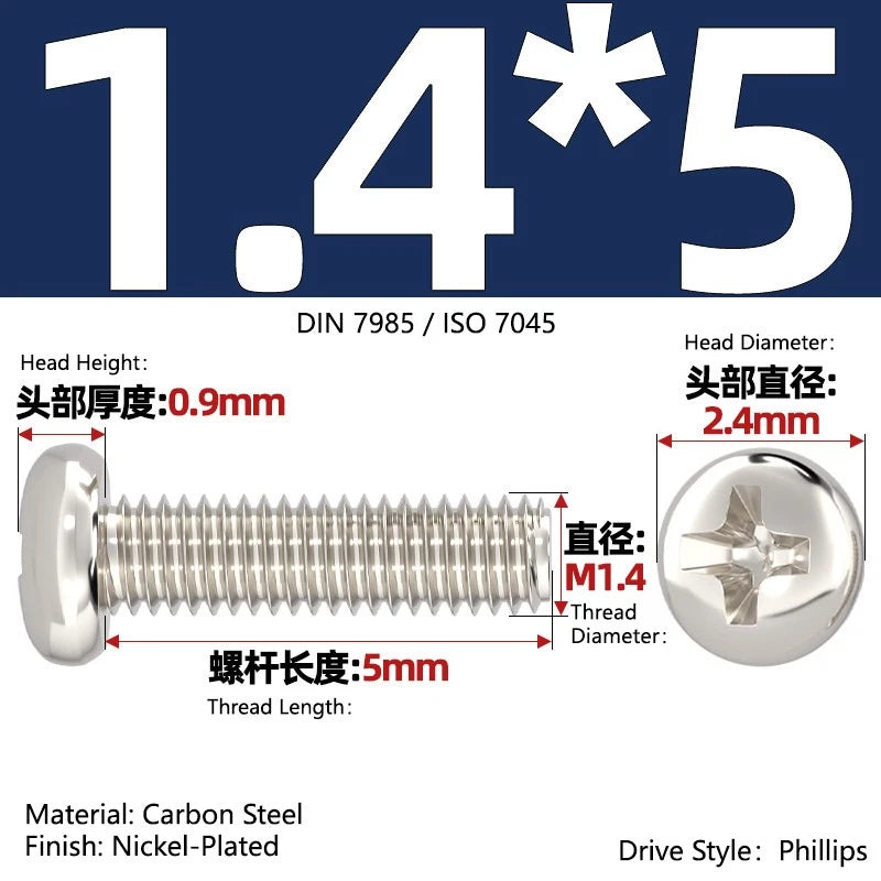 Nickel Plated Pan Head Phillips Machine Screws – ISO 7045, M1 to M4, Corrosion Resistant