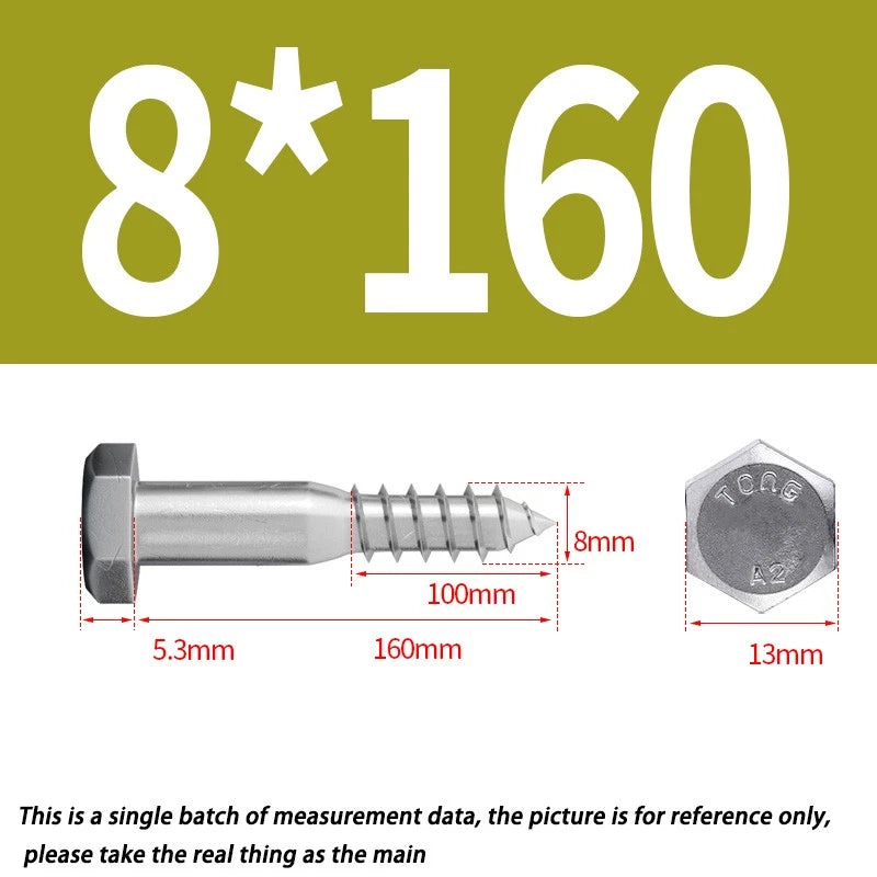 8mm M8 A2 STAINLESS STEEL SCREWS HEX HEAD LAG BOLTS WOOD SCREW BOLT DIN571