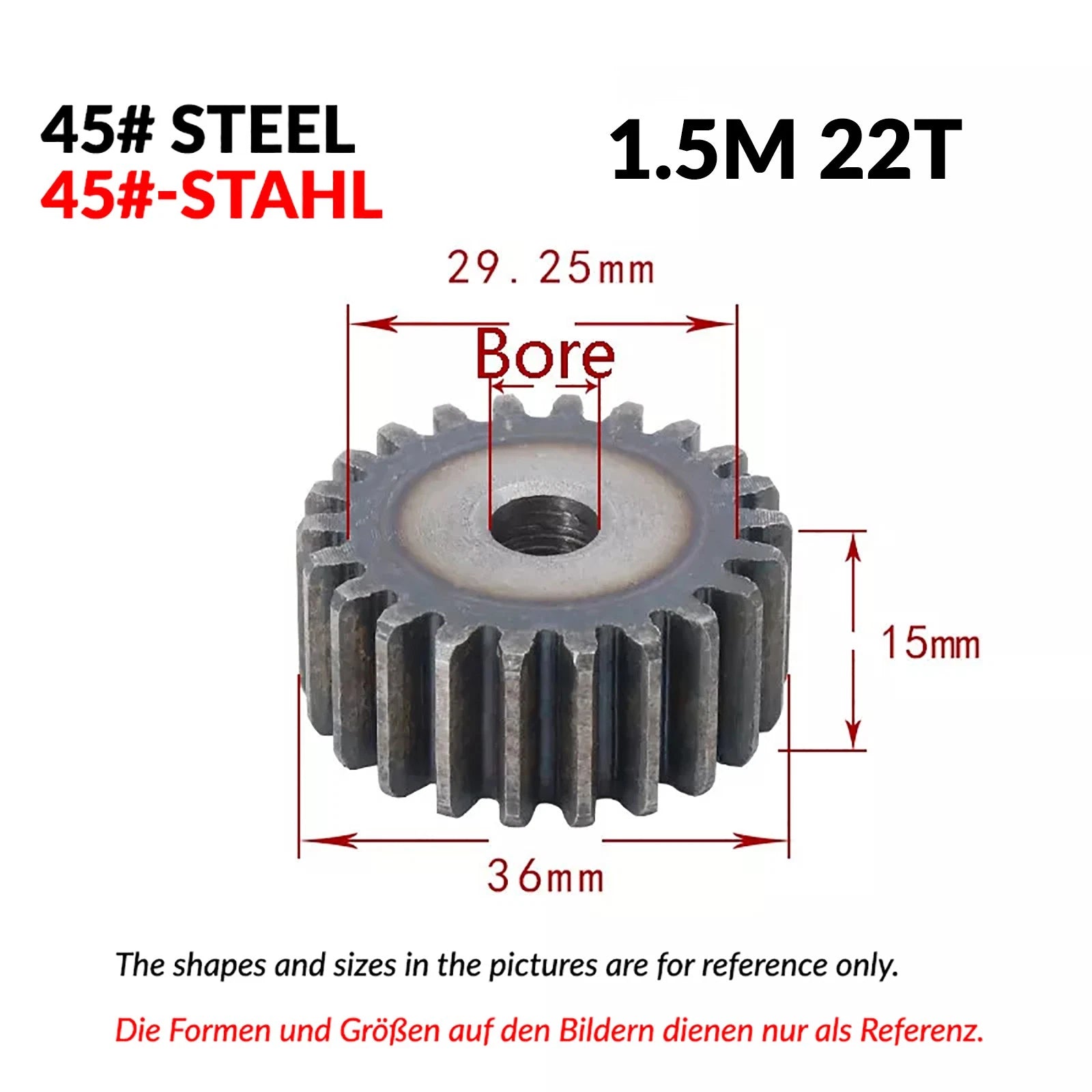 1.5 Mod 12/13/14/15/16/17/18/20-120T 45# Spur Gear Thickn 15mm Transmission Gear