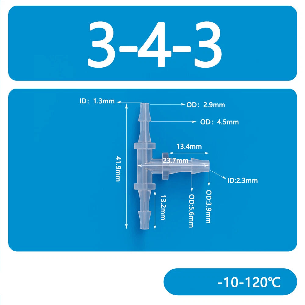 Plastic T-Type Barb Reducing Hose Fitting | 3-Way Tube Connector 1.6mm–14mm