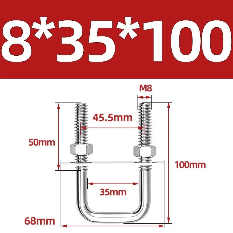 M8 Square U - Bolts Stainless Steel A2 with Plates and Nuts — Multiple Sizes - HomeDIYer