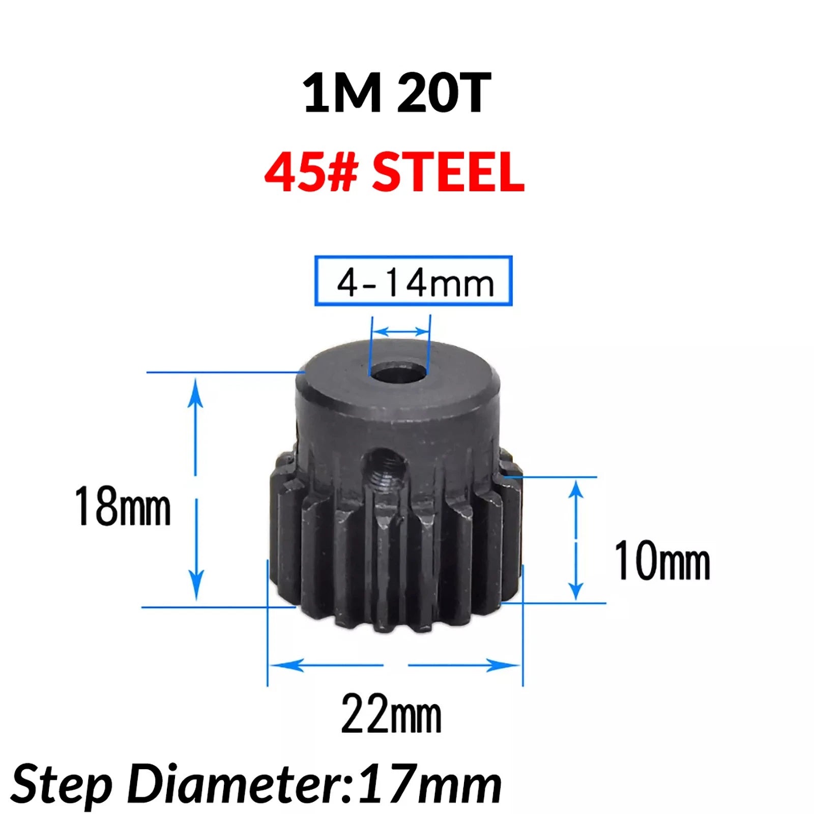 Mod 1 45# Steel Pinion Gear Spur Gears 10-60 T 14-50mm Bore With Step Motor Gear