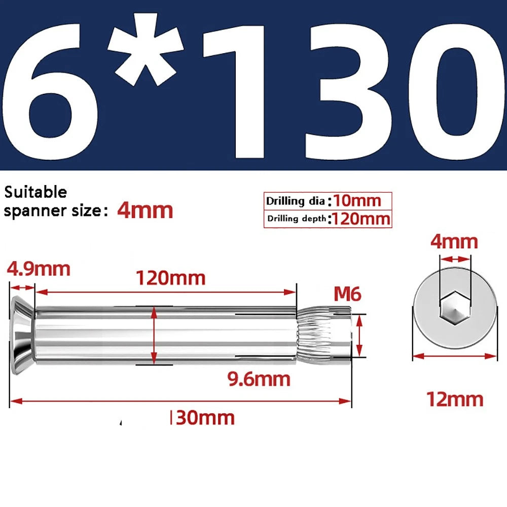 M6–M12 Countersunk Hex Socket Expansion Bolts — 304 & 201 Stainless Steel, A-Type & B-Type