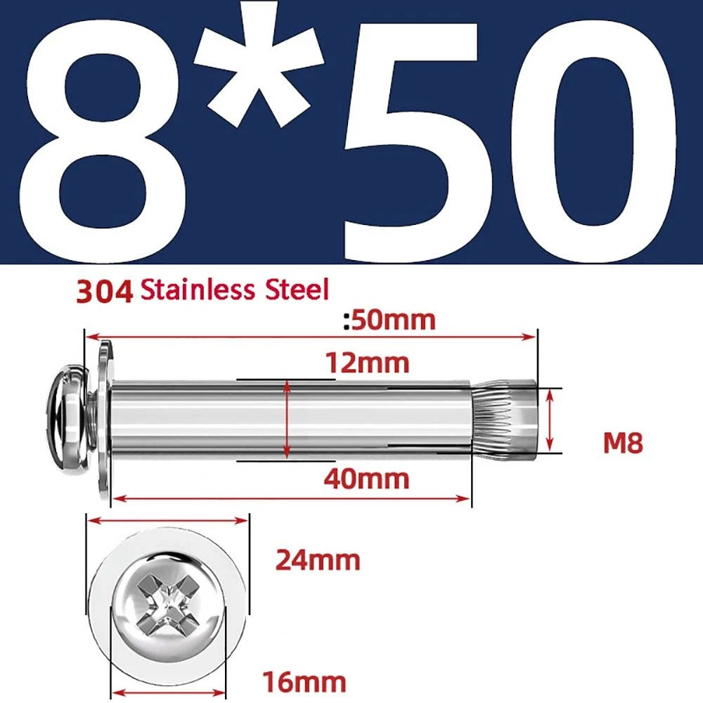 M6 M8 M10 Stainless Steel Expansion Screws — Round Head Phillips Drive, 40–100mm