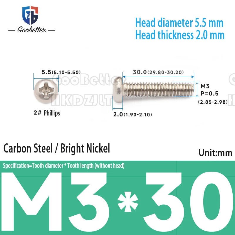 M3 Phillips Round Pan Head Machine Screws — Carbon Steel, 4–30mm, 100–500 PCS - HomeDIYer